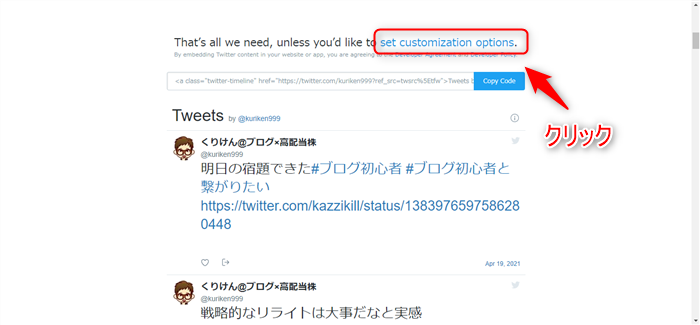 Twitter 「set customization options」クリック